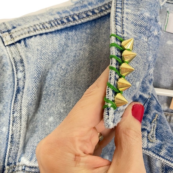 Handmade Jean Jacket Womens Small Denim Floral Mandala Blue Green Gold Upcycled - Picture 5 of 14